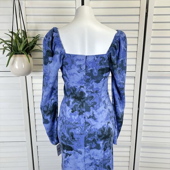 New Open Edit‎ Marbled Long Sleeve Midi Dress Blue Geode Slit Puff Sleeve Size S - Picture 6 of 11